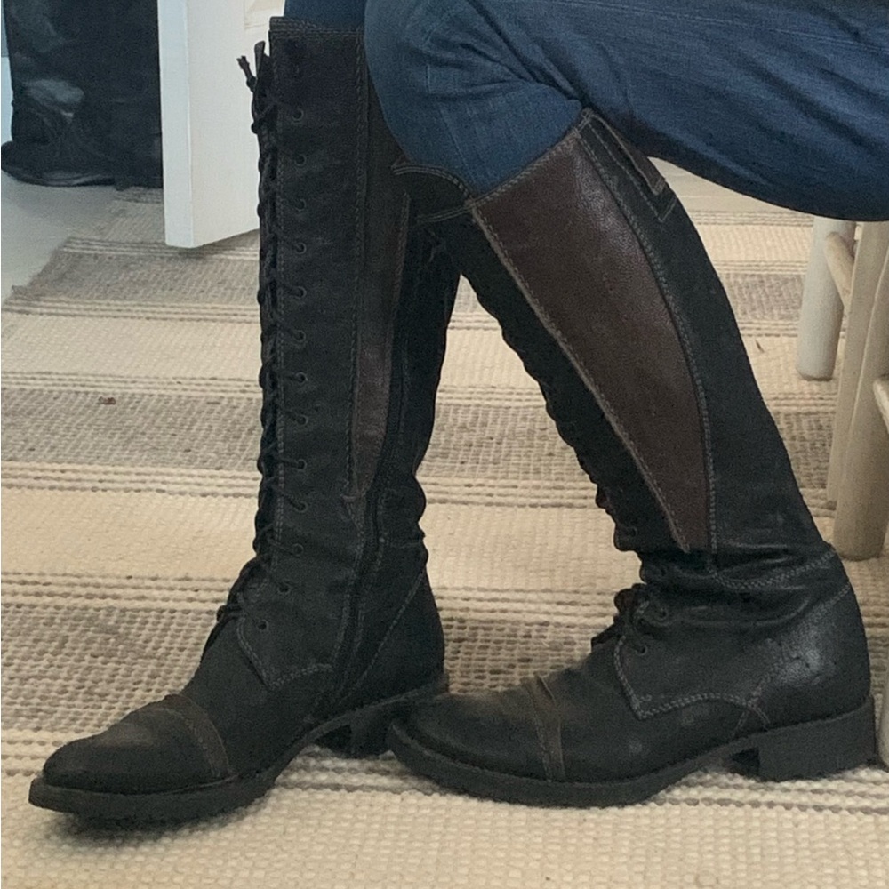 Black/brown Logan leather lace up boots. Size 7